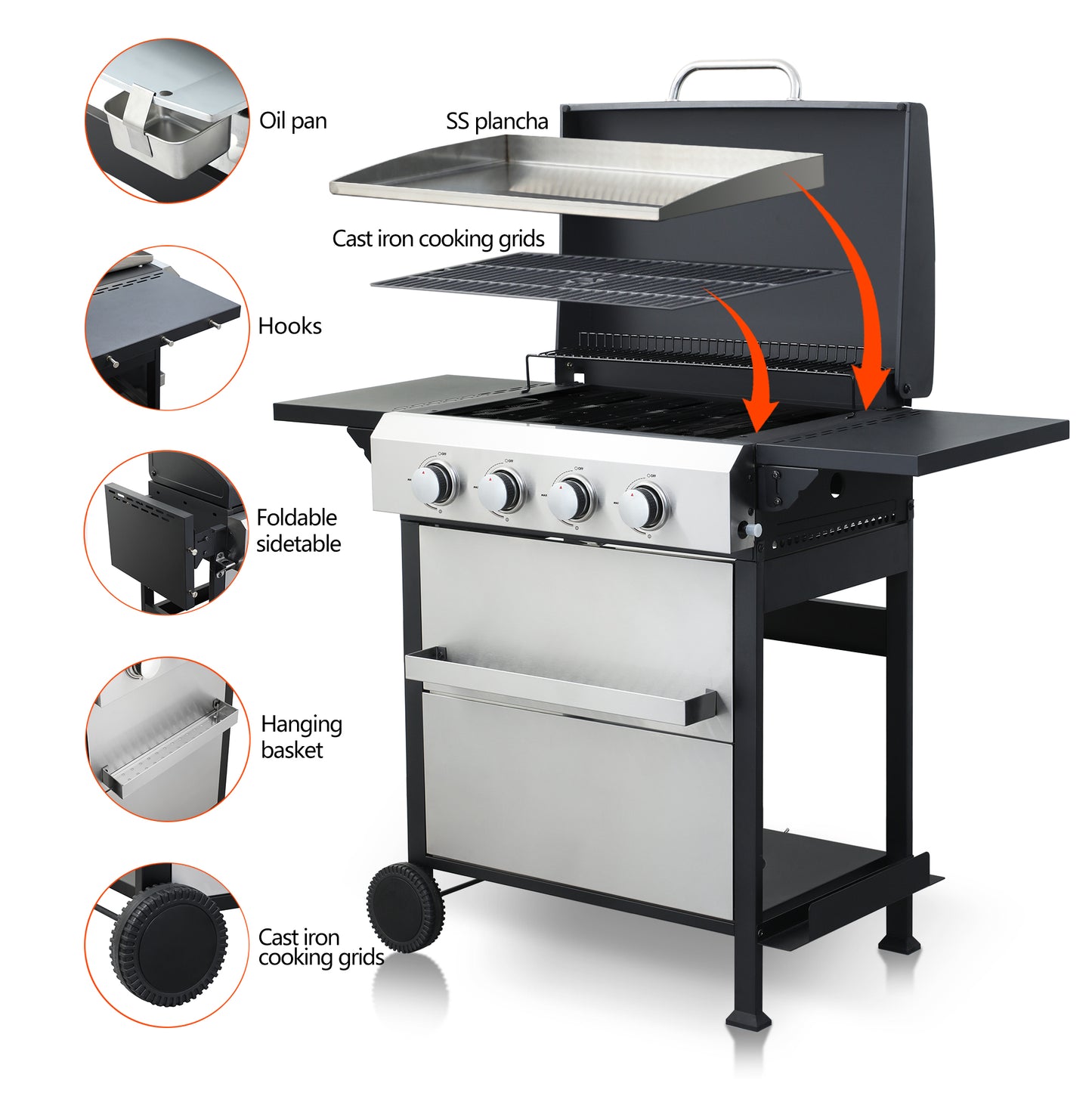 Stainless steel plancha on a multiburner gas grill ideal for outdoor cooking