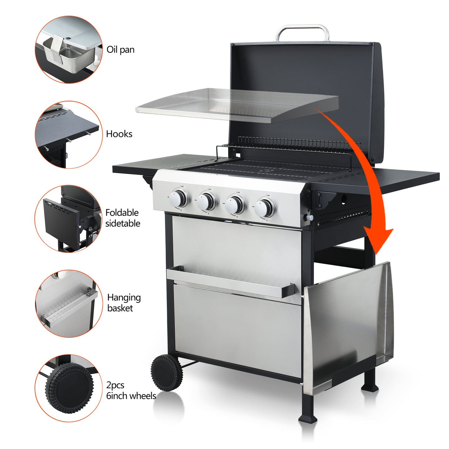 Stainless steel gas grill with four burners foldable side table and integrated oil pan