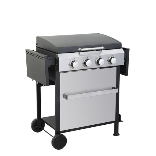 Black and stainless steel threeburner gas grill with side shelf and wheels perfect for backyard entertaining