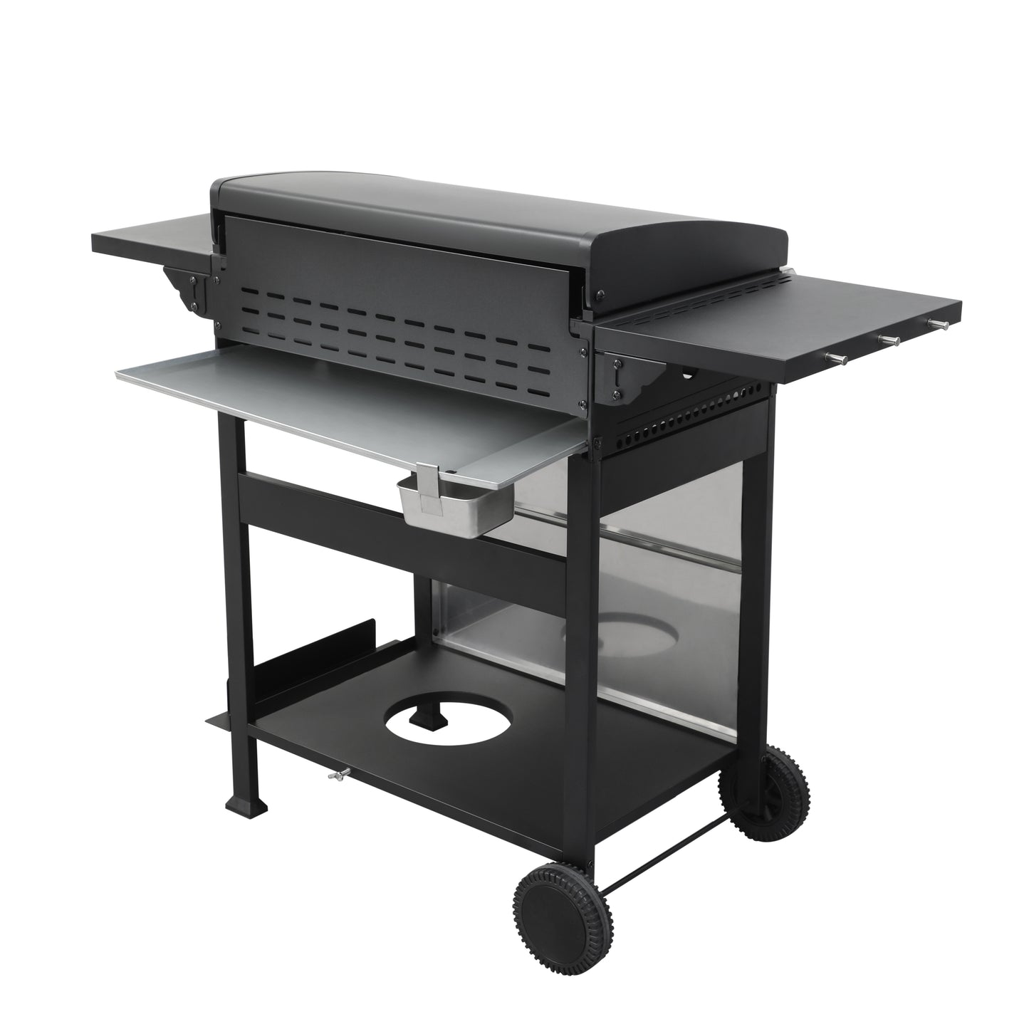 Sleek black propane gas grill with side shelves and durable wheels