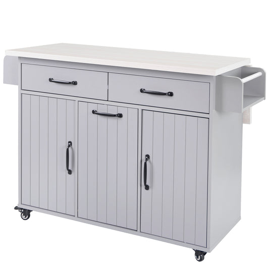 Gray kitchen island cart with two drawers three cabinet doors and casters