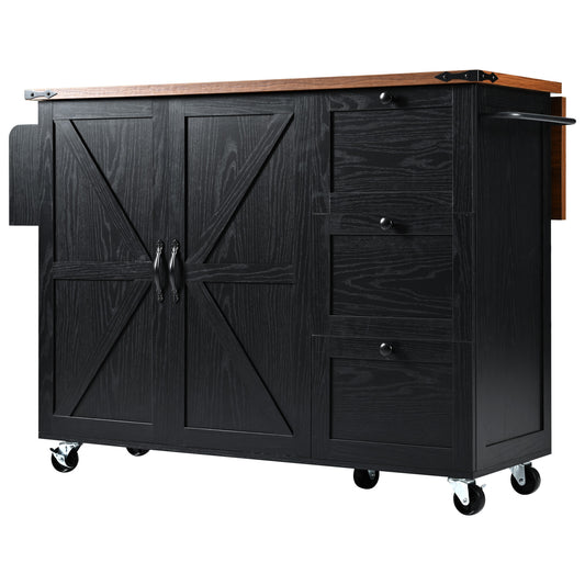 Black kitchen island with barn doors and wood top