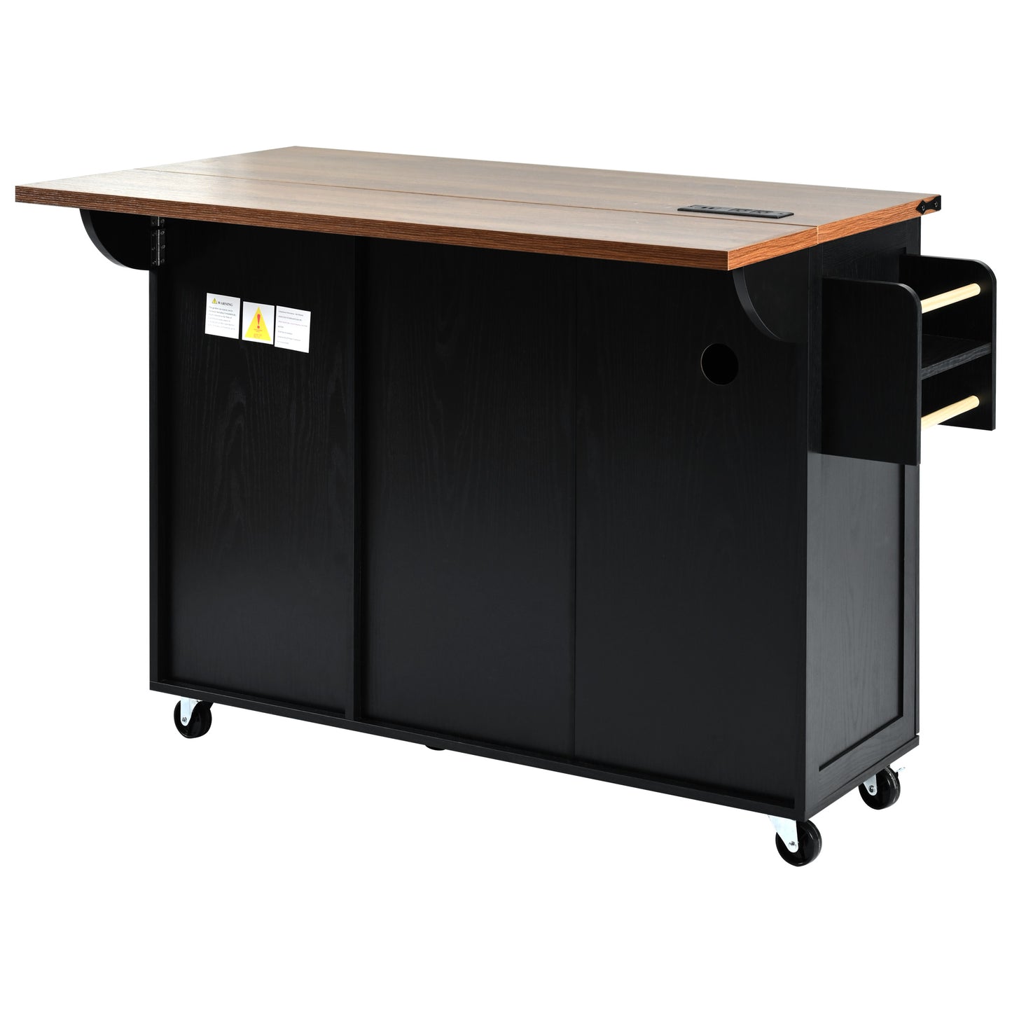 Black rolling kitchen island with dropleaf top and builtin wine rack