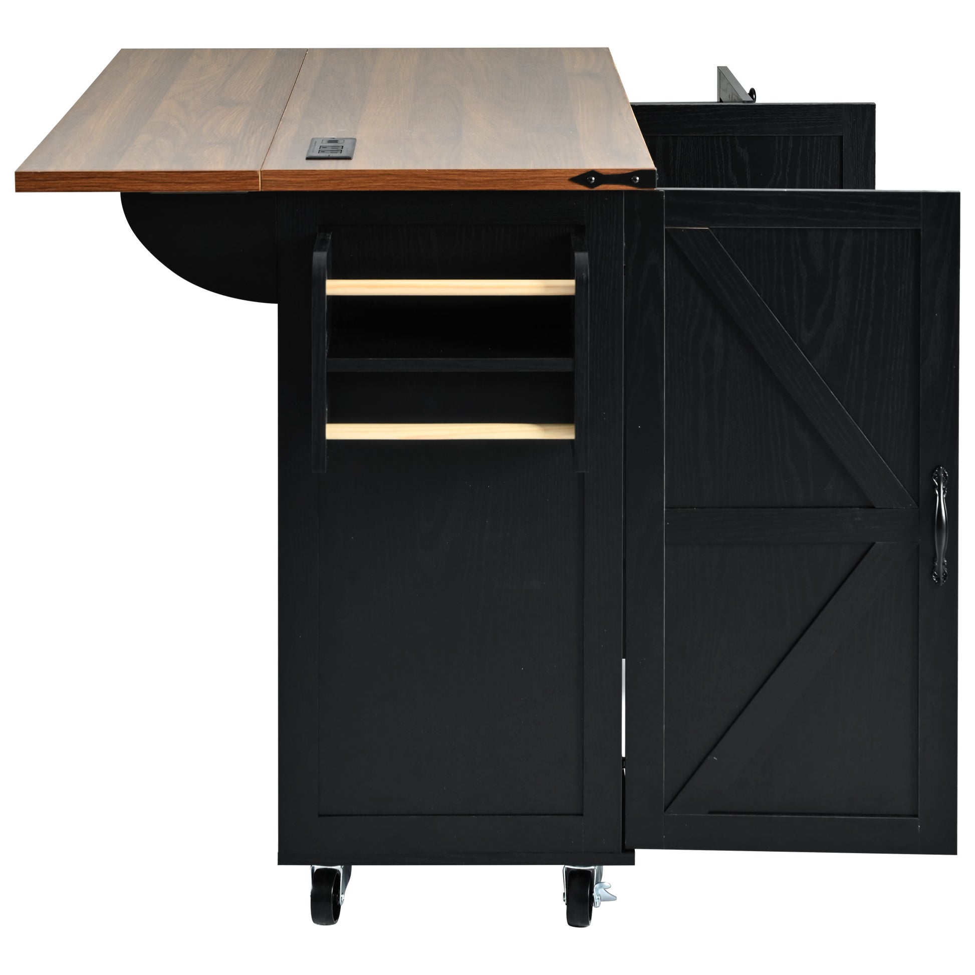 Black kitchen island cart with drop leaf table and power outlet