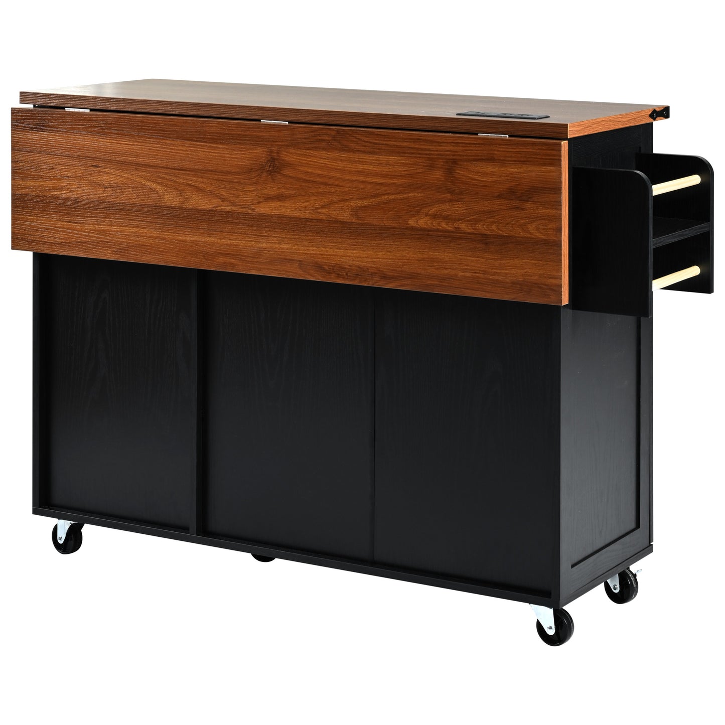 Walnut and black dropleaf kitchen cart with builtin wine rack