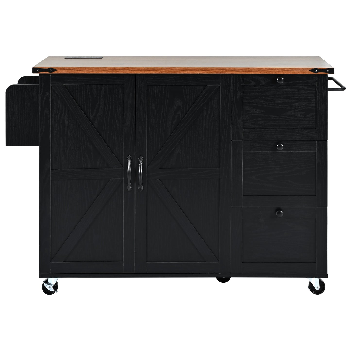 Black kitchen island cart with barn doors and drawer storage