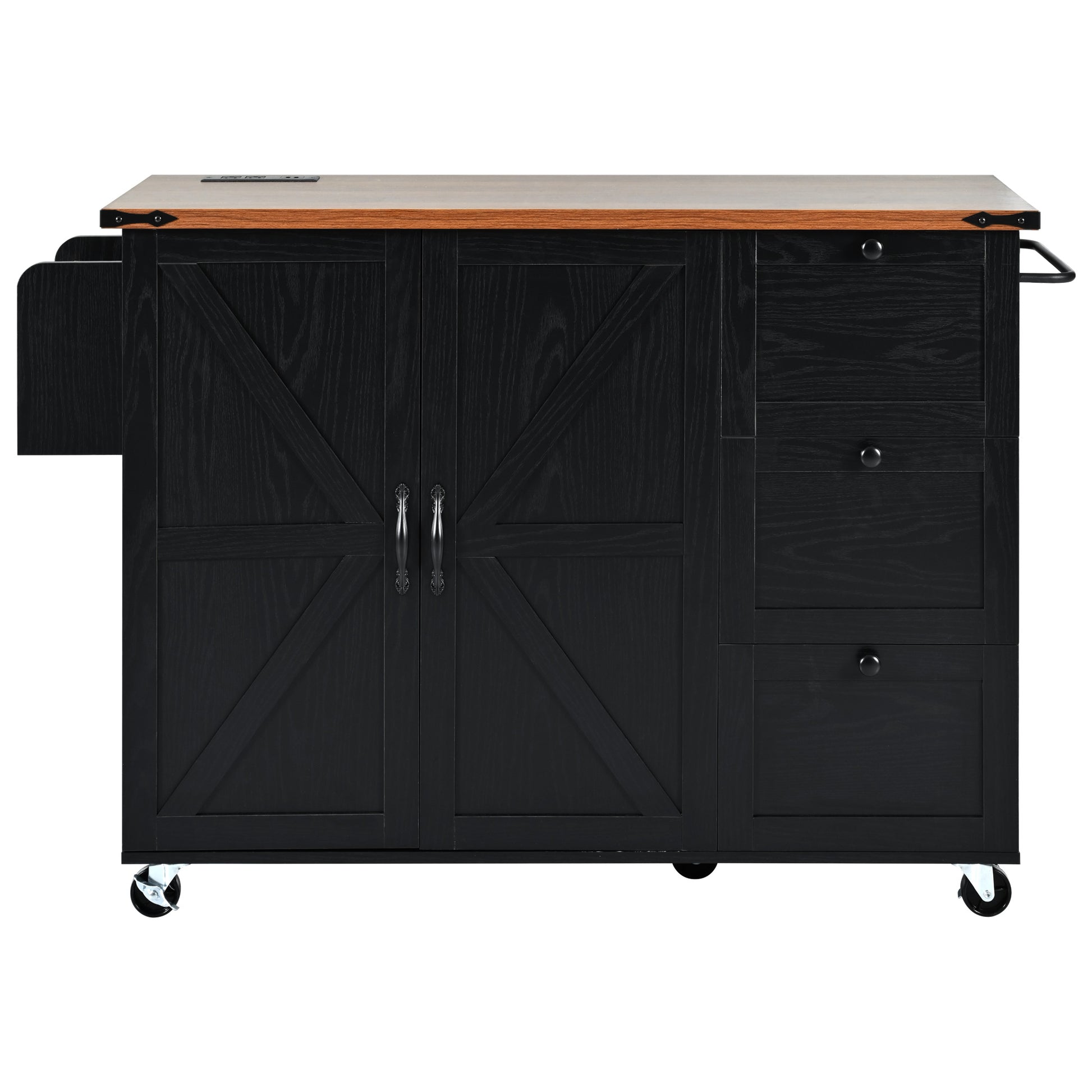 Black kitchen island cart with barn doors and drawer storage
