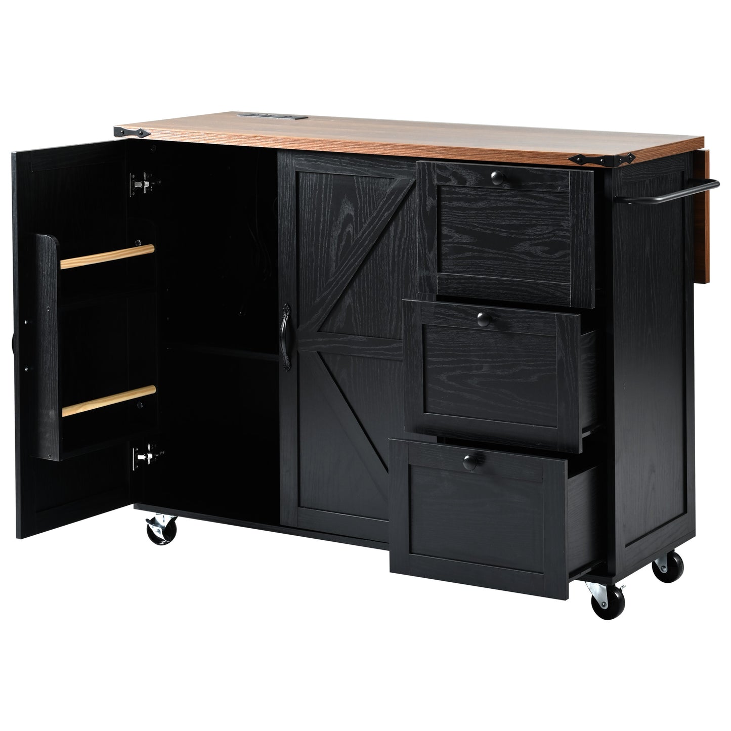 Black kitchen island with wooden top and barn door accents
