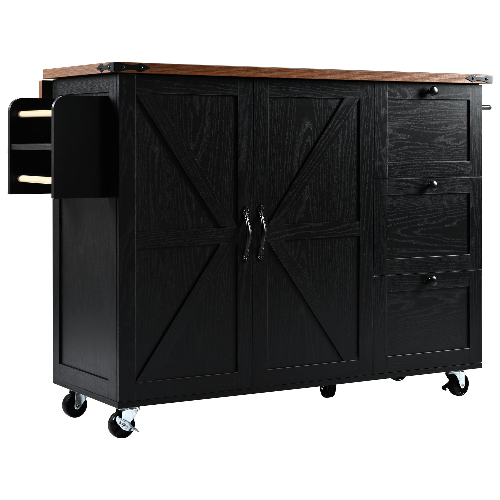 Black barn door kitchen island with drawers and spice rack