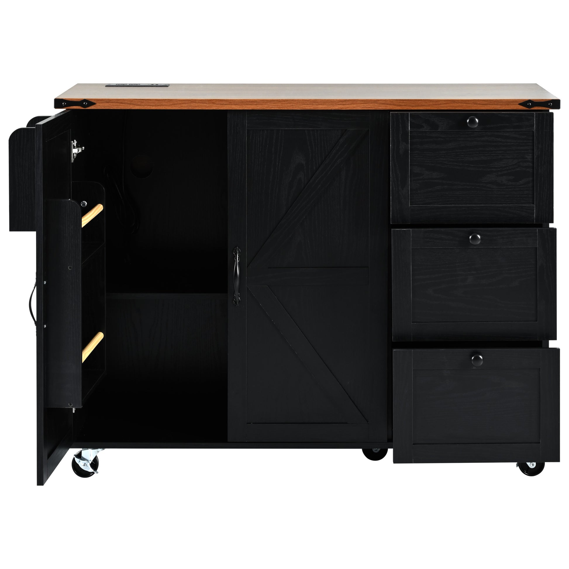 Black kitchen island with barn door and three drawers