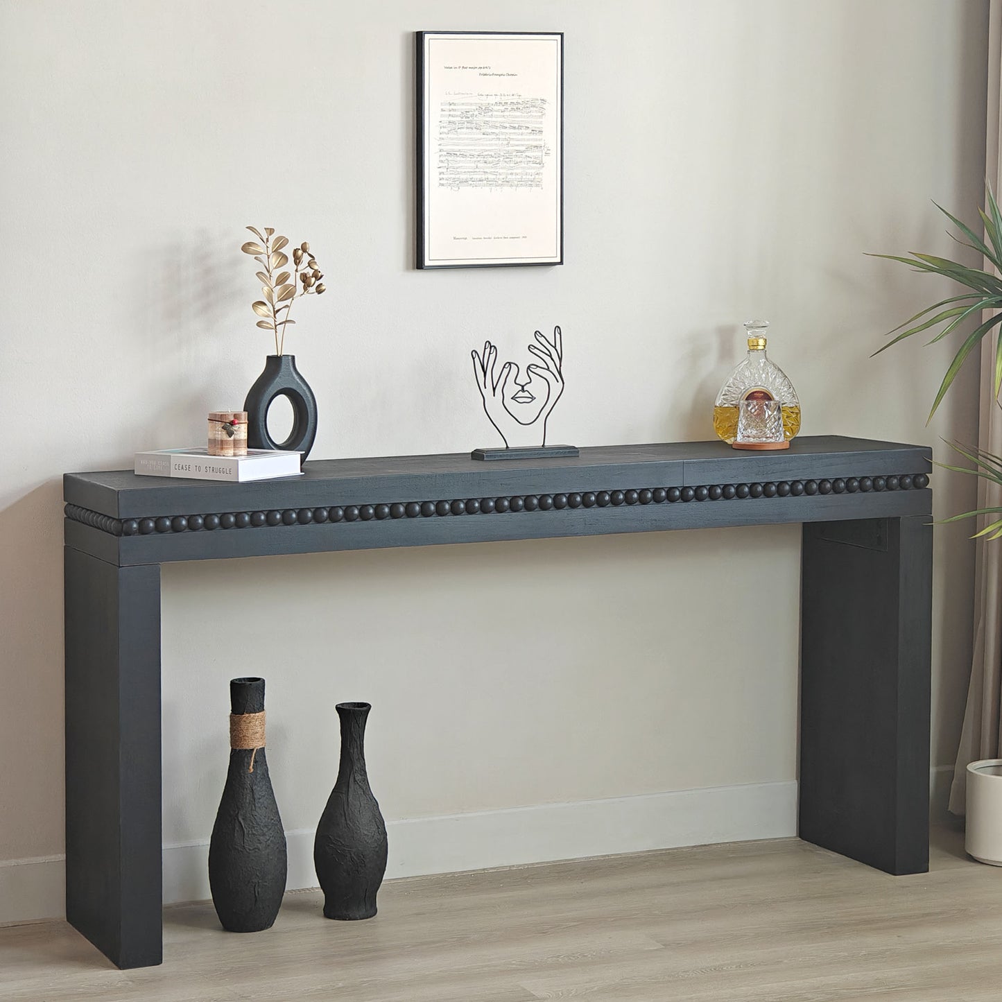 Dark gray wooden console table with beaded trim inch wide entryway table