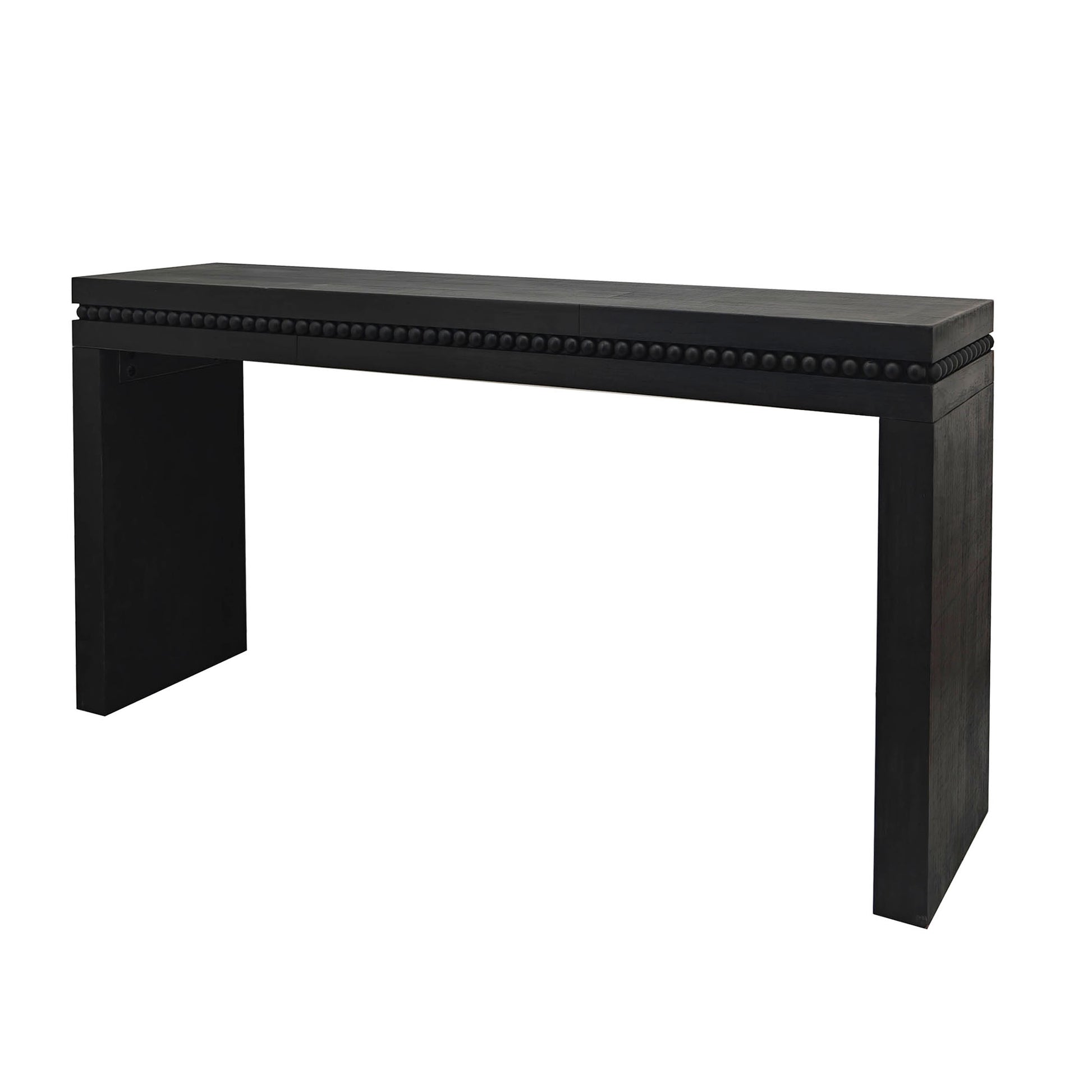 Dark wood console table with beaded trim and thick legs