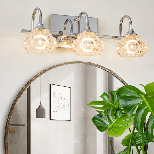 Polished chrome vanity light with three clear crystal glass shades for bathroom illumination
