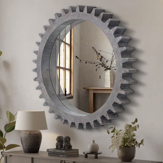 Rustic gray wood gear mirror with reflective glass centerpiece