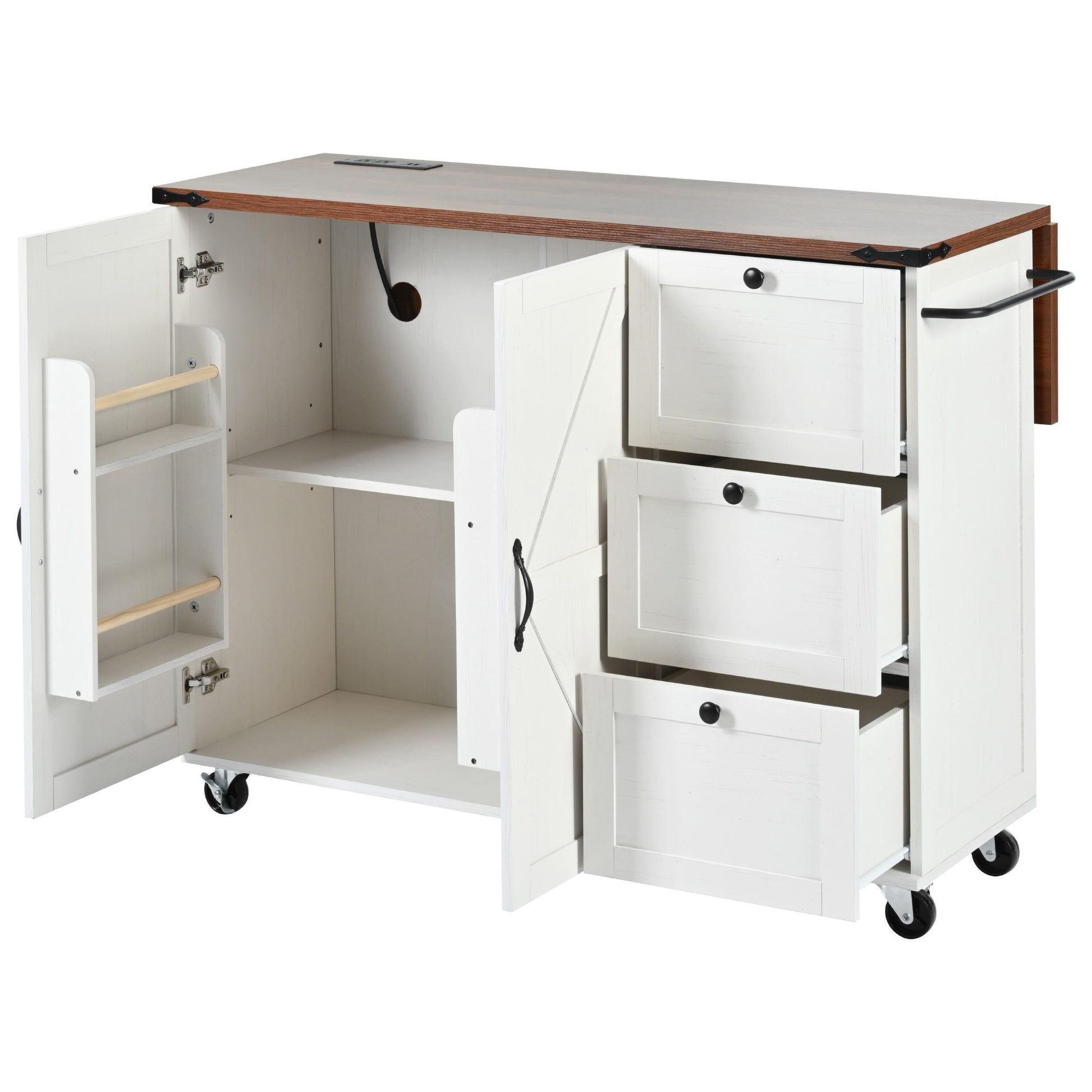 White rolling kitchen island with three drawers and two cabinet doors