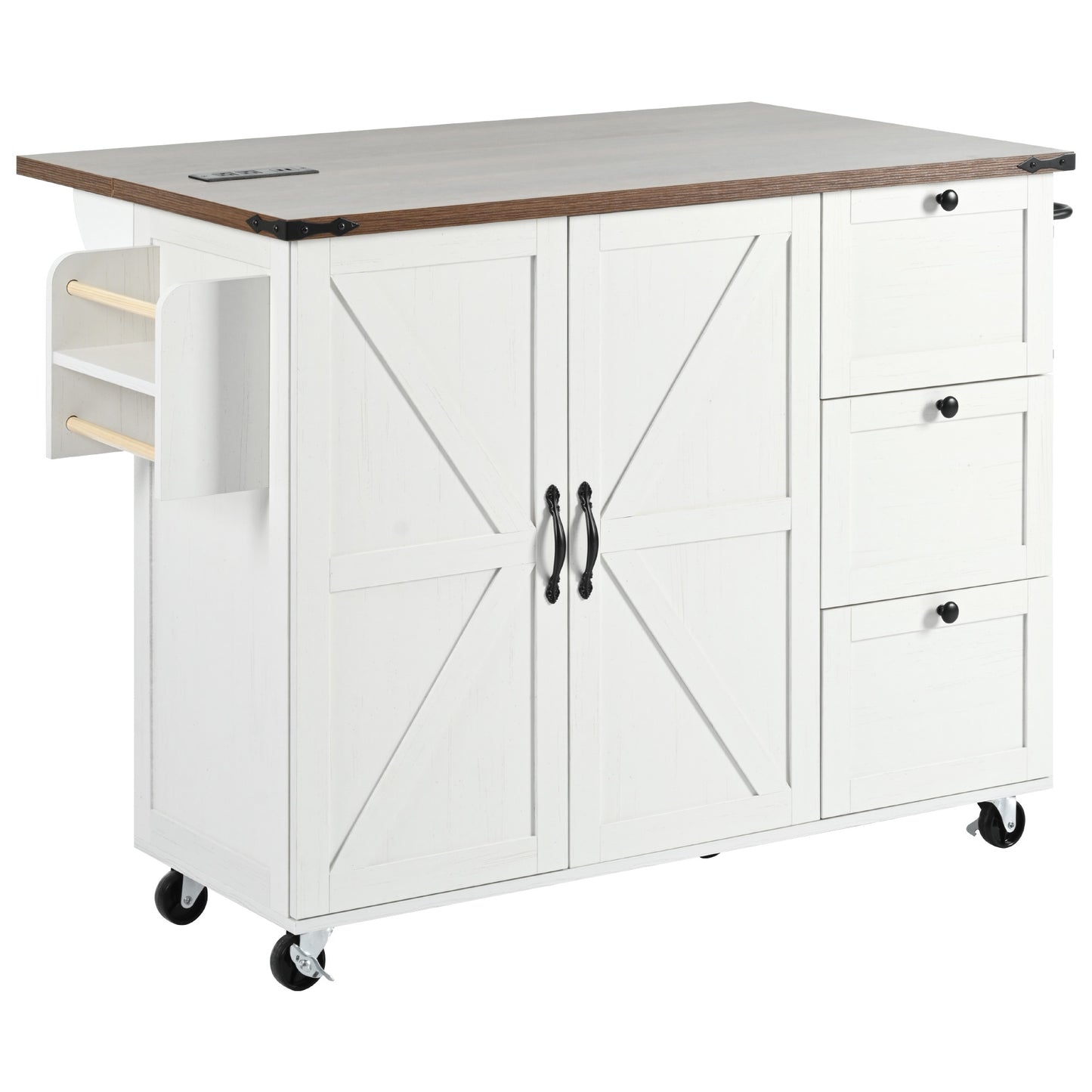 White farmhouse kitchen island with barn doors and three drawers on wheels