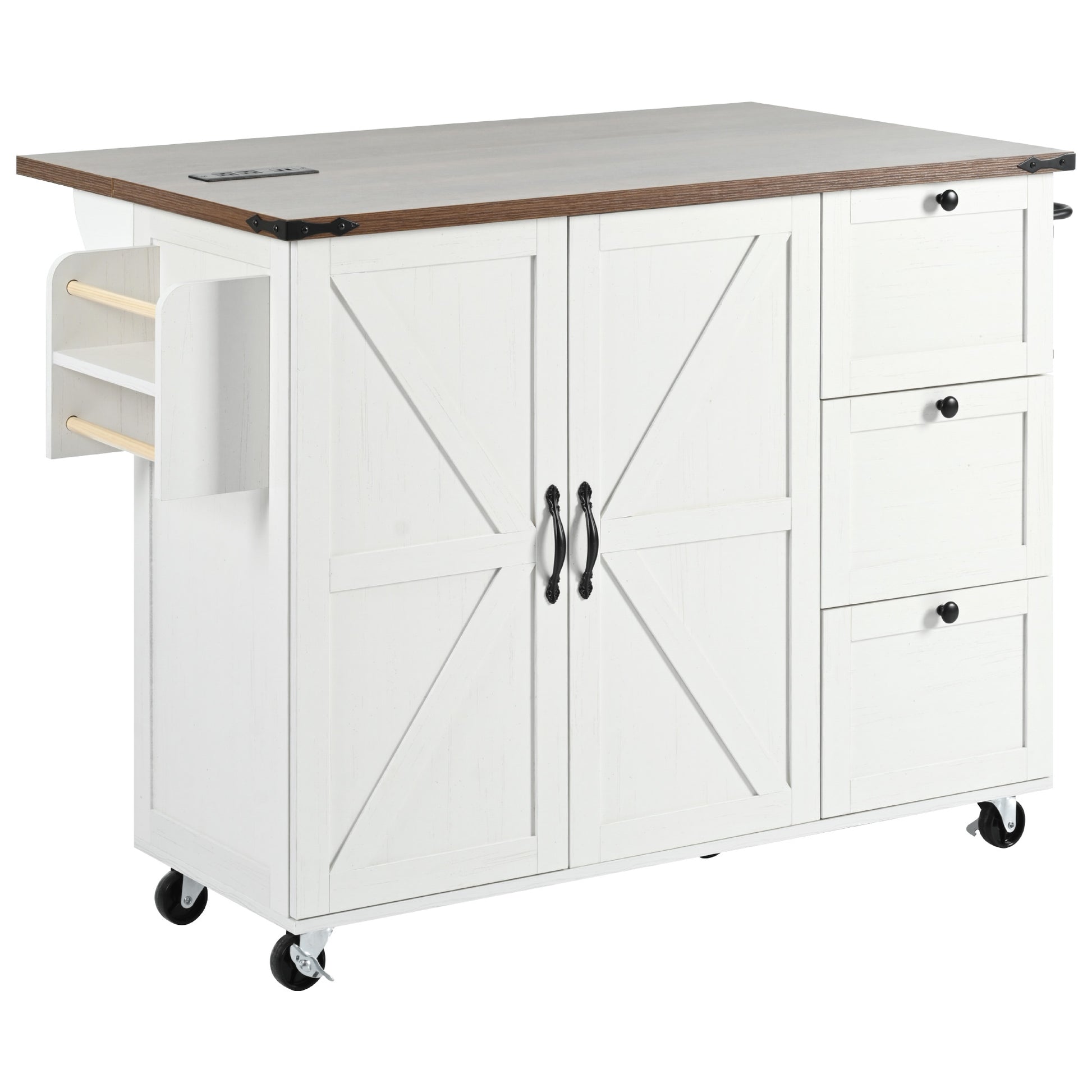 White farmhouse kitchen island with barn doors and three drawers on wheels