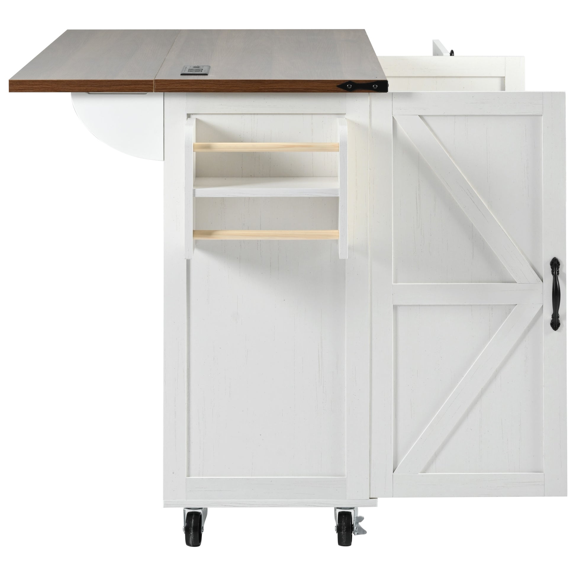 White kitchen cart with dropleaf top and barn door