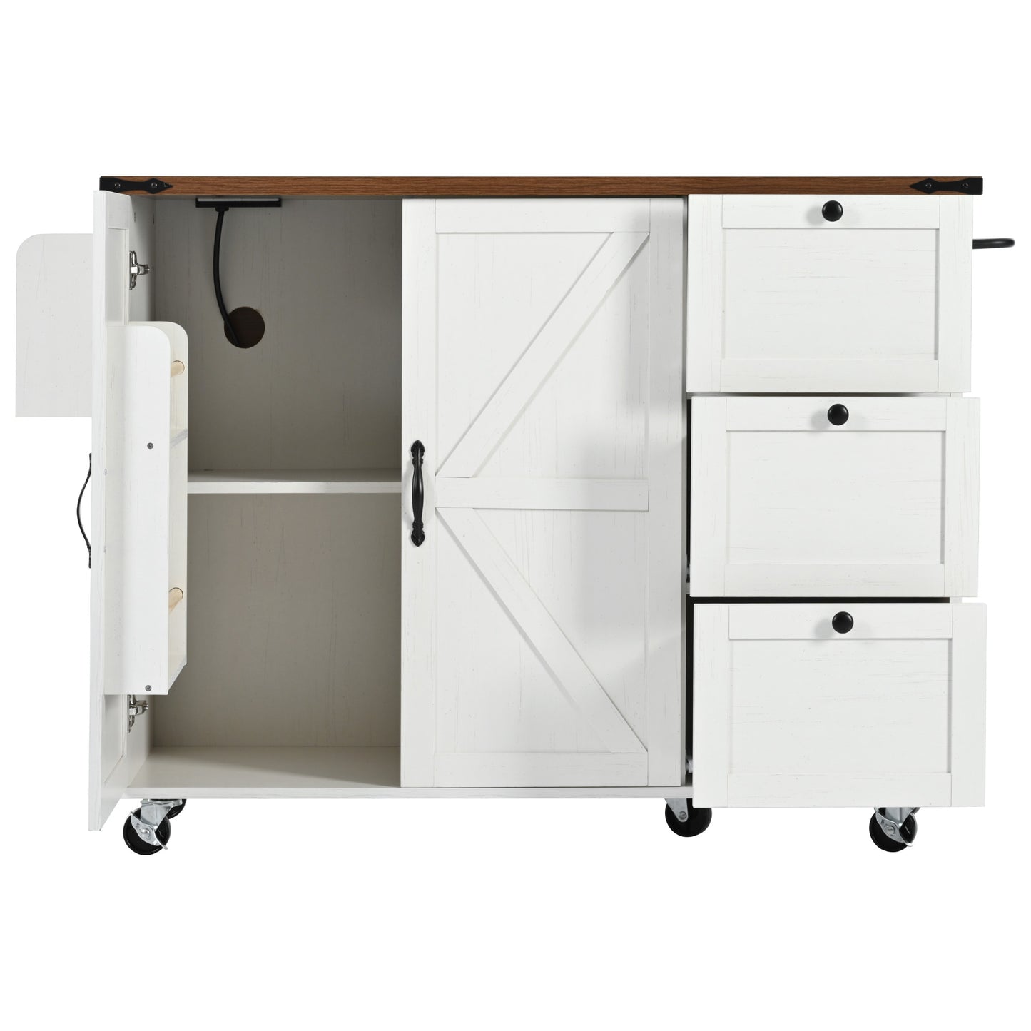 White kitchen island cart with sliding barn door and three drawers