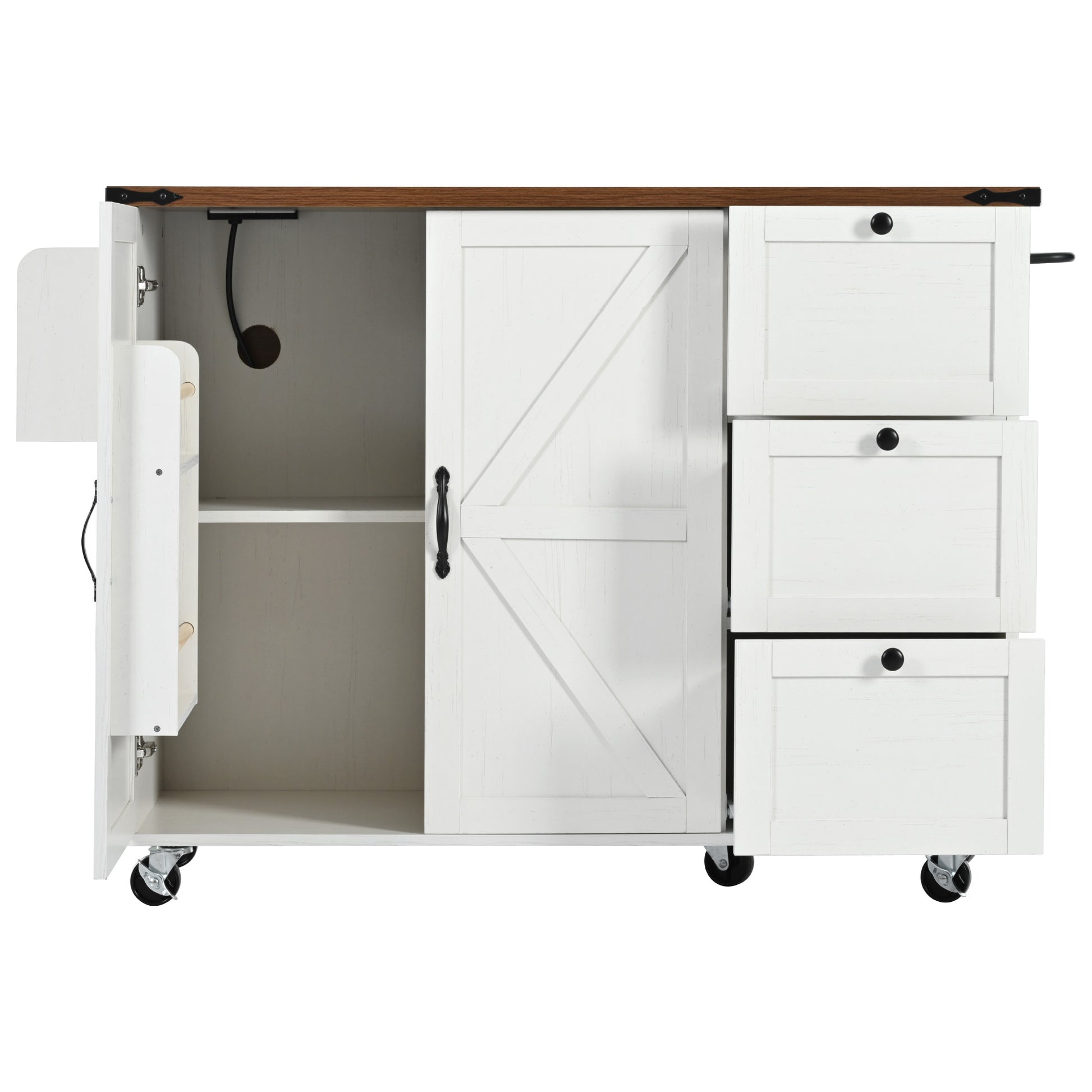 White kitchen island cart with sliding barn door and three drawers