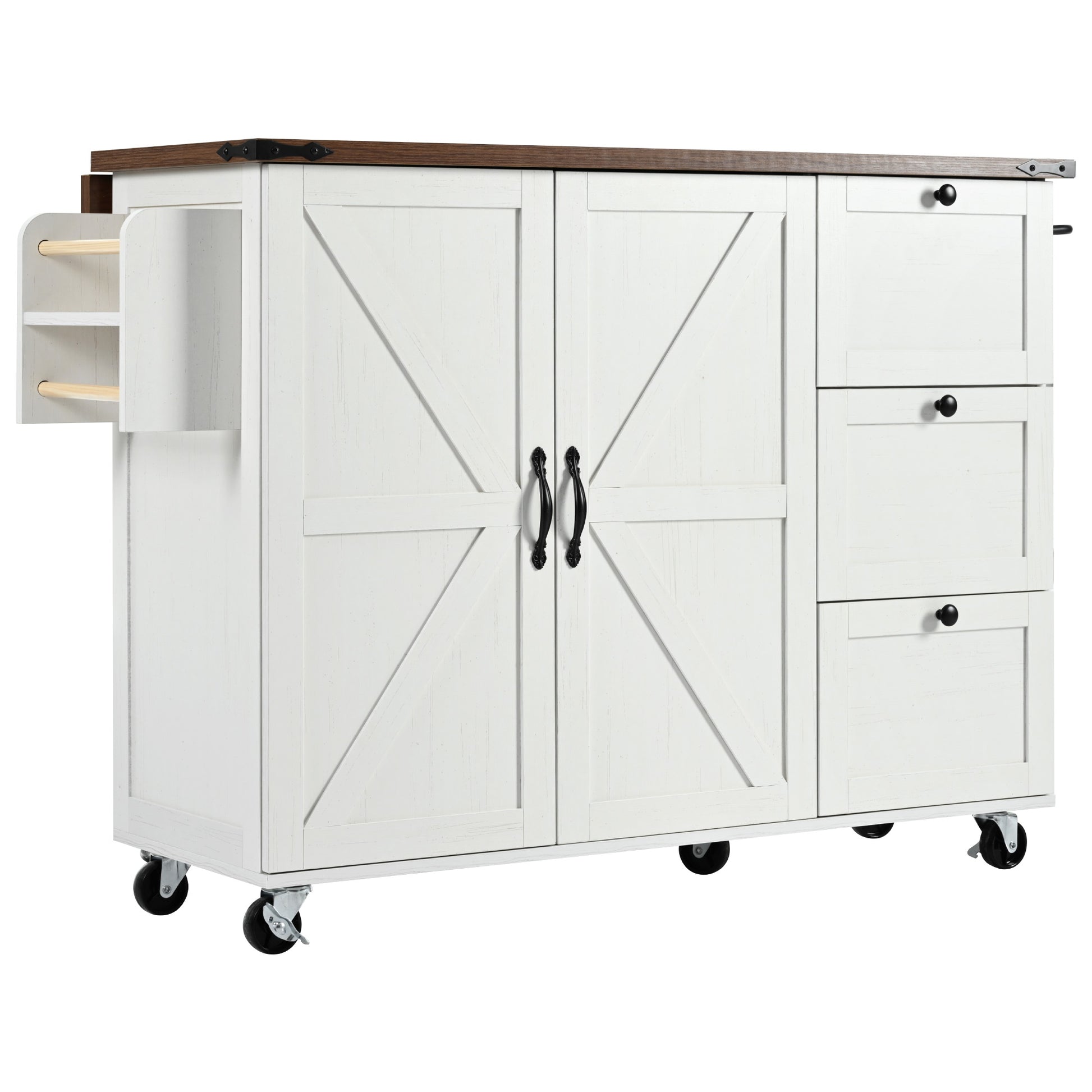 White kitchen island with sliding barn doors and three drawers