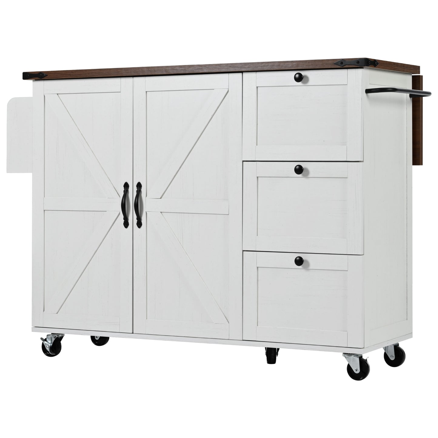 White farmhouse kitchen island with two barnstyle cabinet doors and three drawers