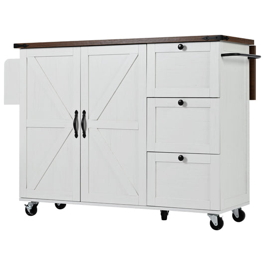 White farmhouse kitchen island with two barnstyle cabinet doors and three drawers