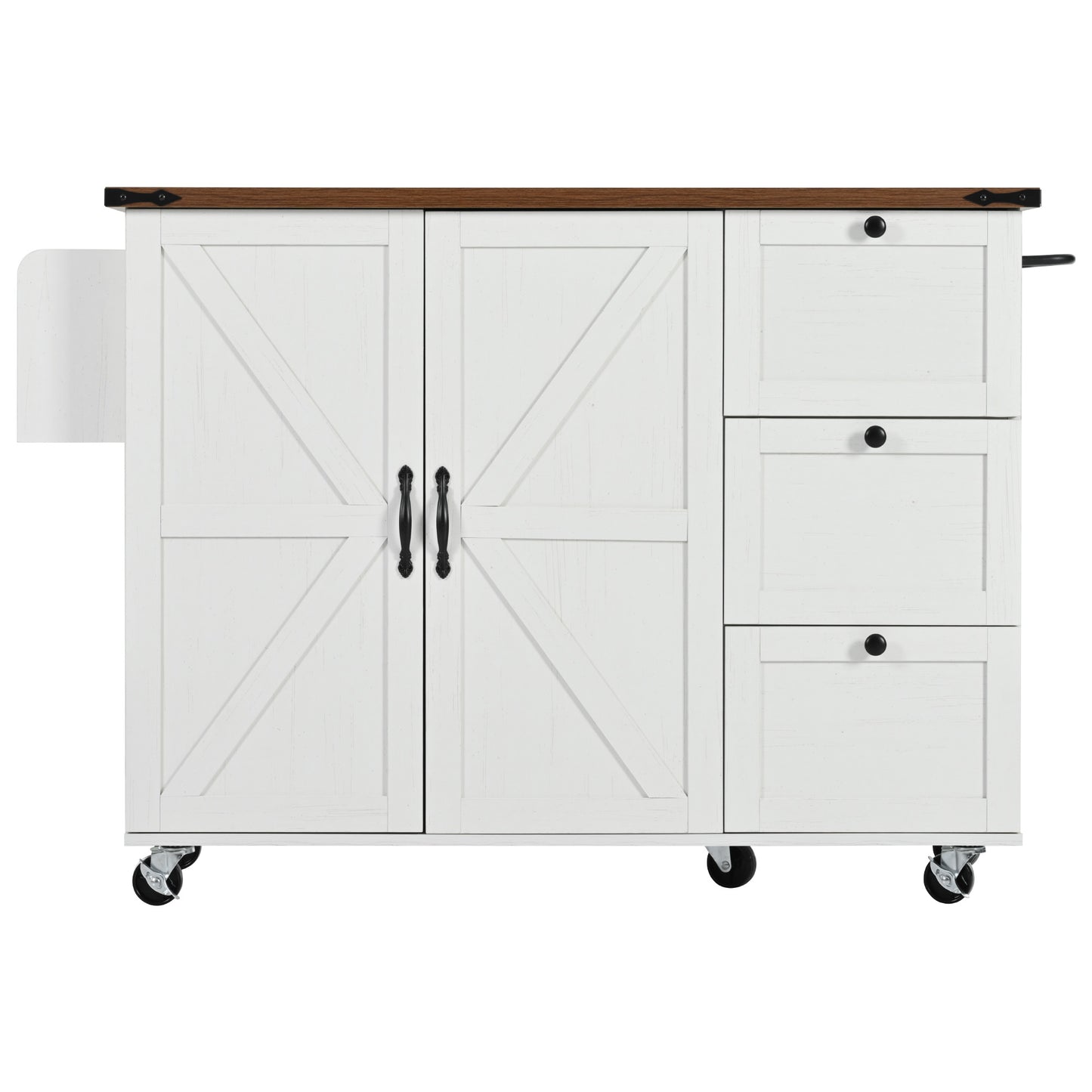 White kitchen island with barn doors and drawers