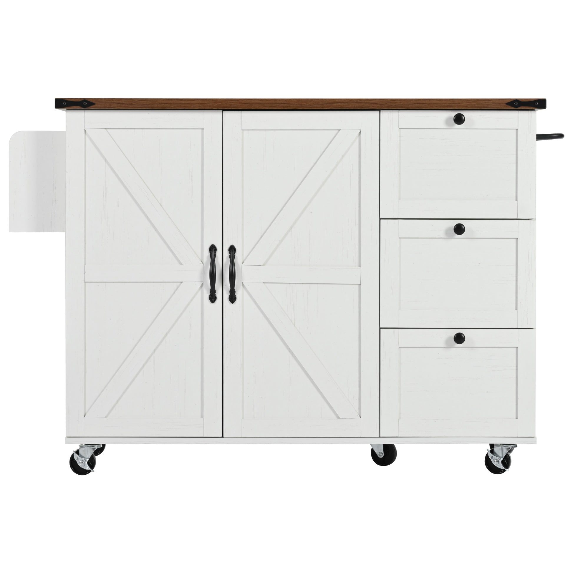 White kitchen island with barn doors and drawers