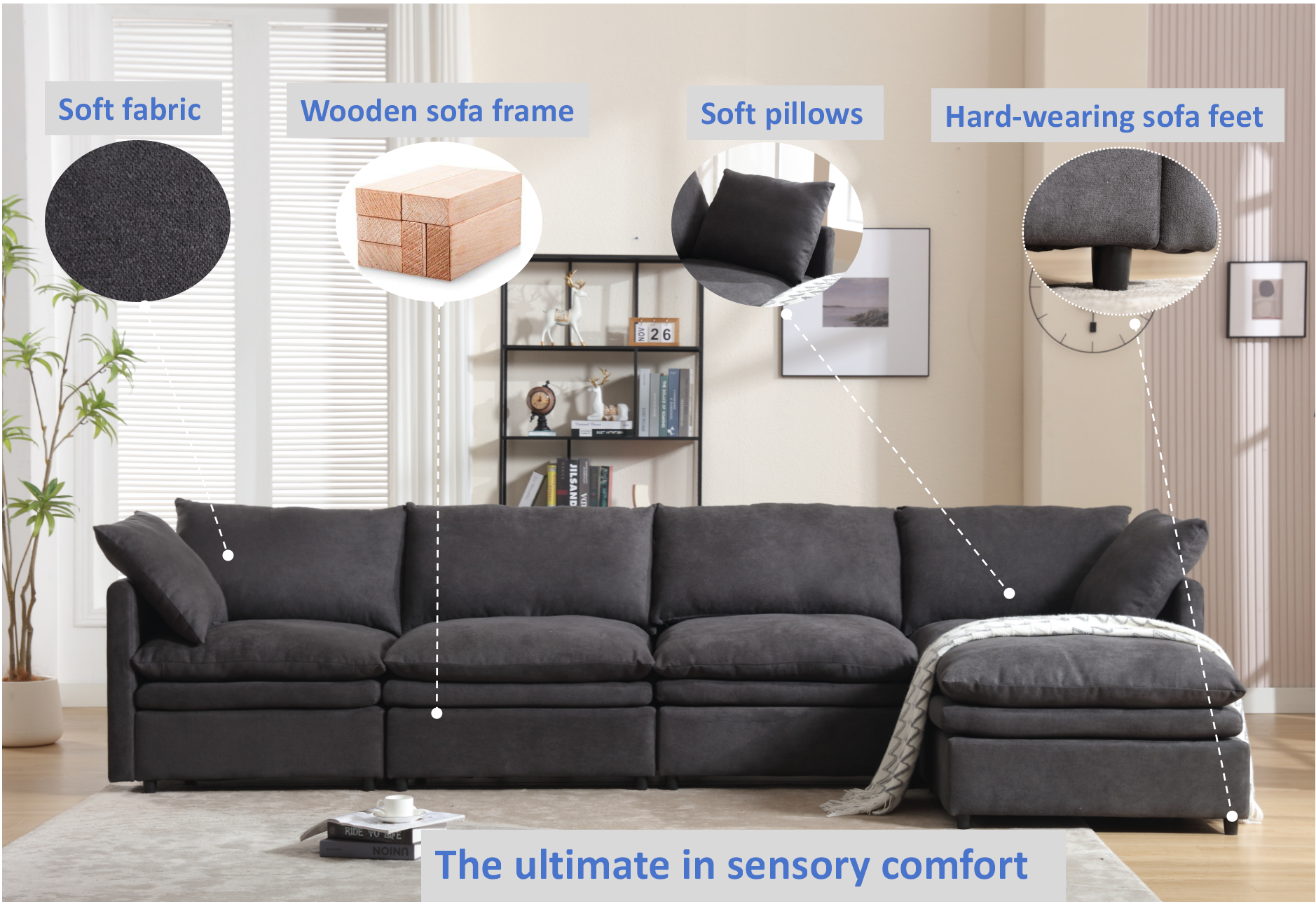 Plush charcoal sectional sofa with removable ottomans for versatile living room arrangements