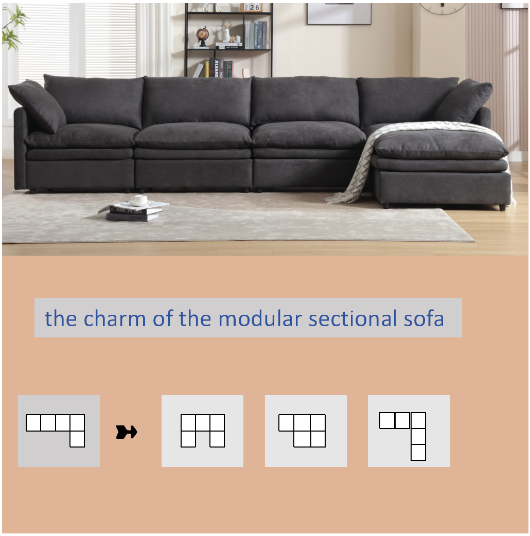 Dark gray fabric sectional sofa with chaise and plush cushions