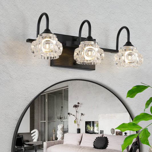 Modern black light vanity light with clear crystal glass shades perfect for bathrooms