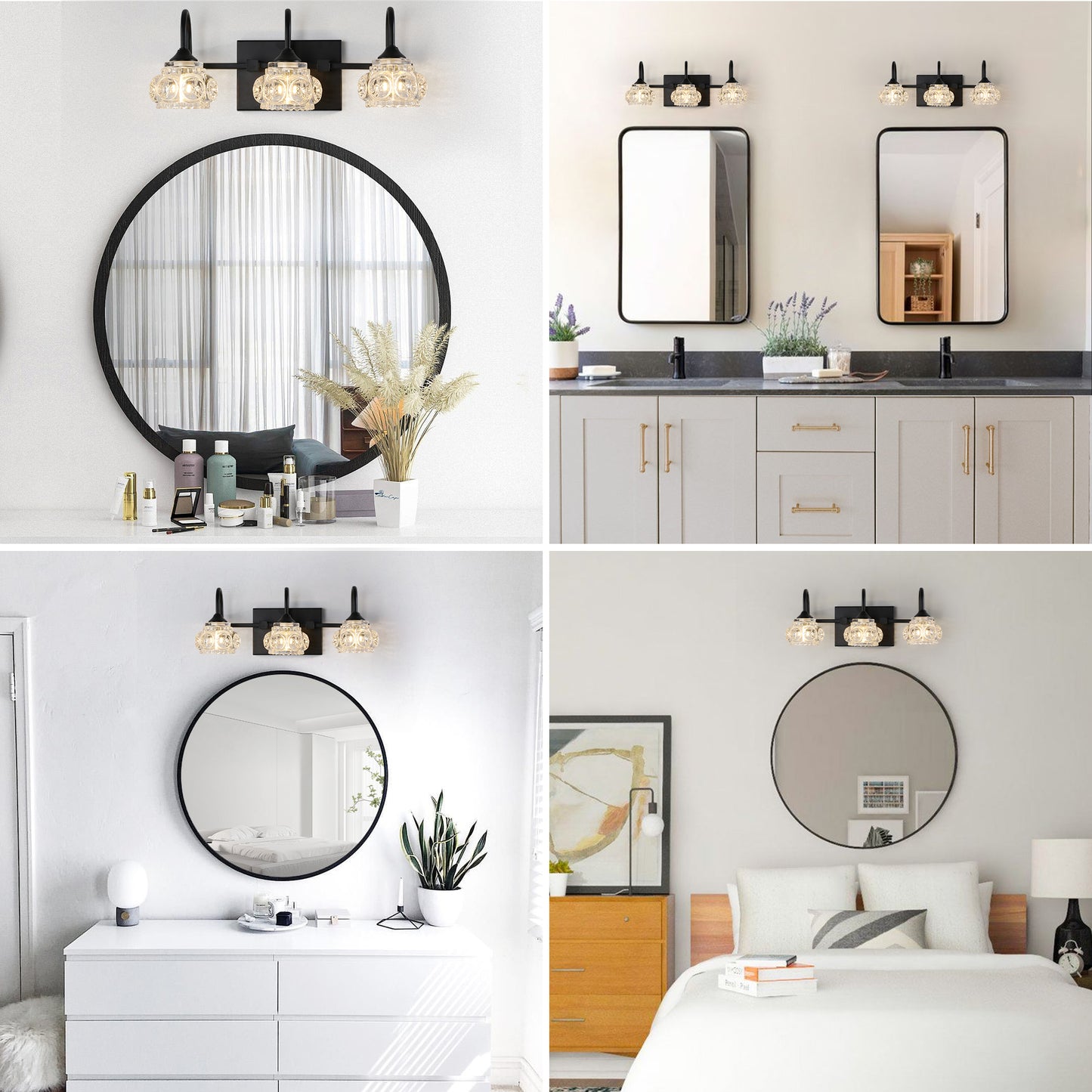 Black threelight vanity light with crystal glass shades above a round mirror