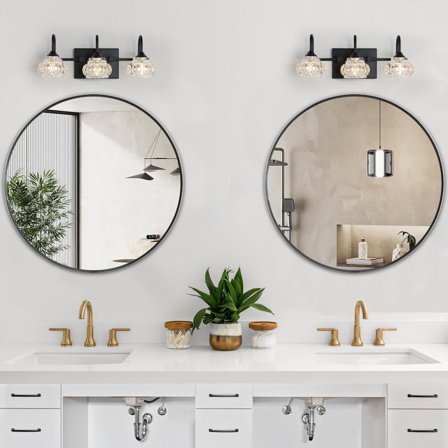 Black metal vanity light with three crystal glass shades for bathroom lighting