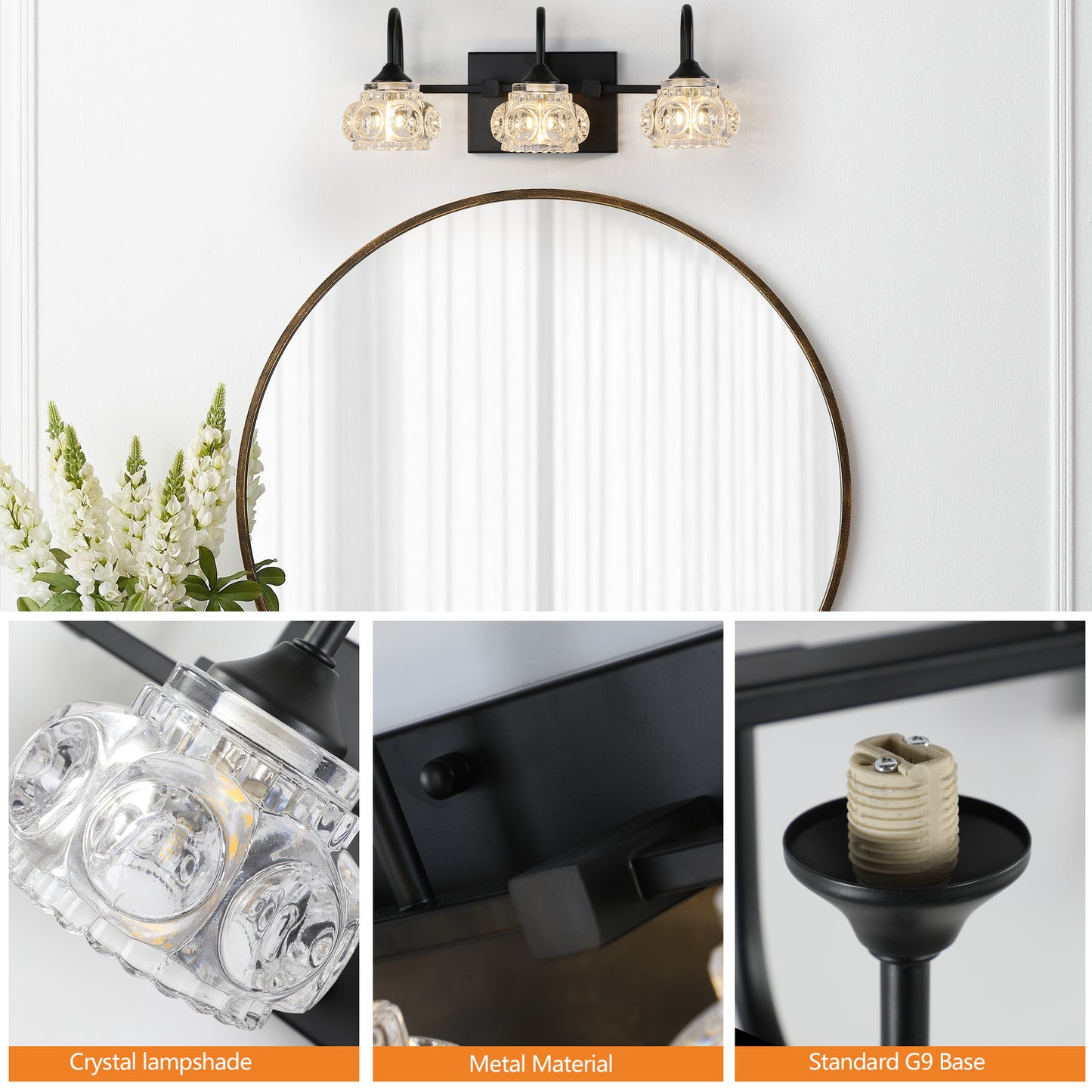 Threelight black metal vanity light with crystal lampshades above a round mirror