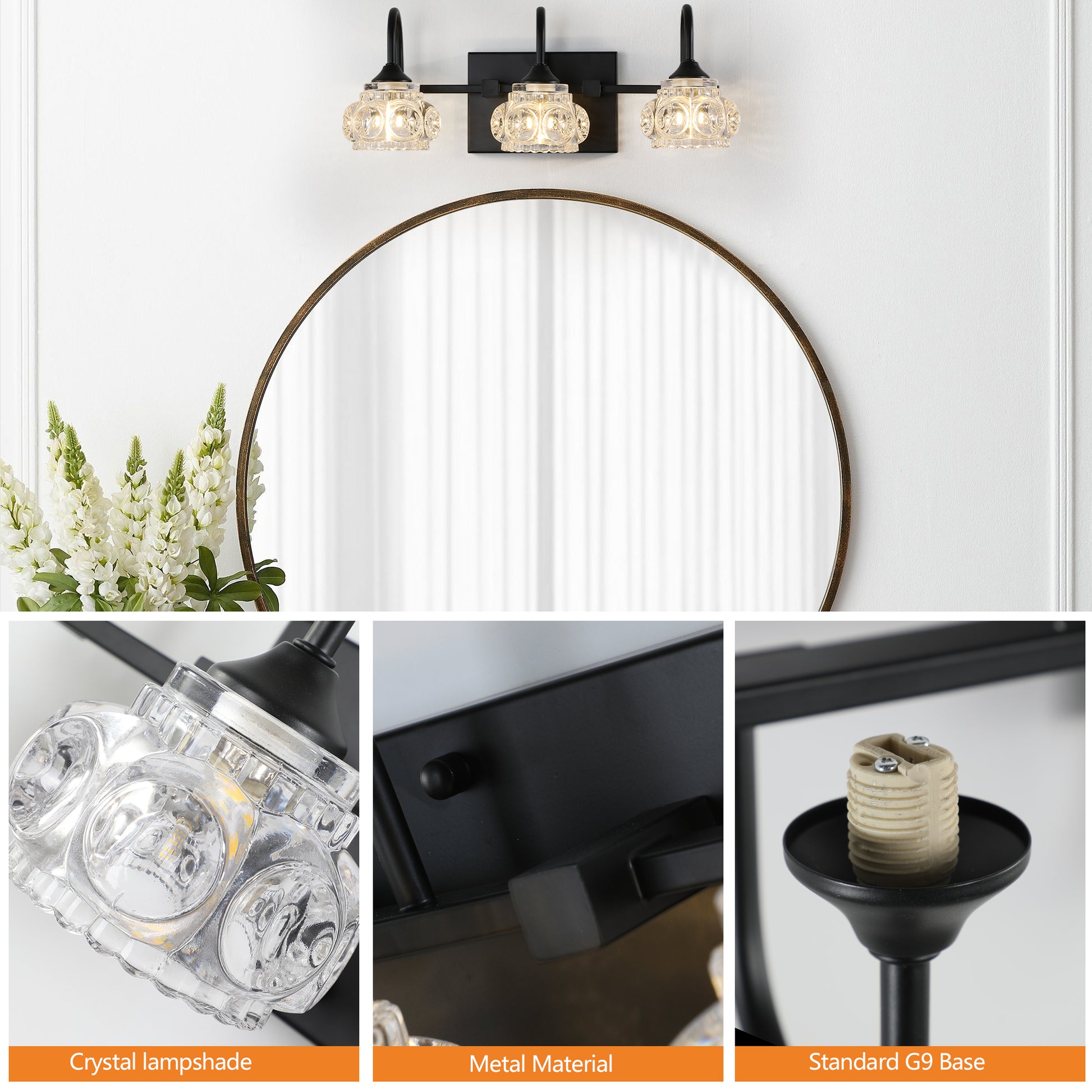Threelight black metal vanity light with crystal lampshades above a round mirror