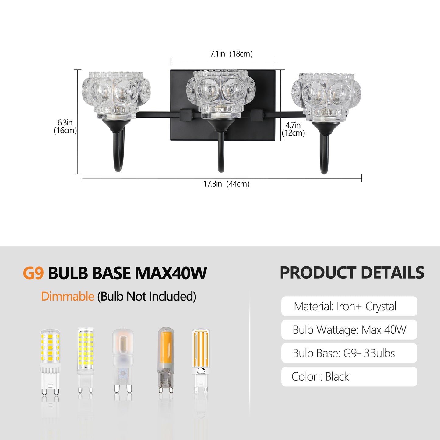 Black light crystal wall sconce with modern iron finish