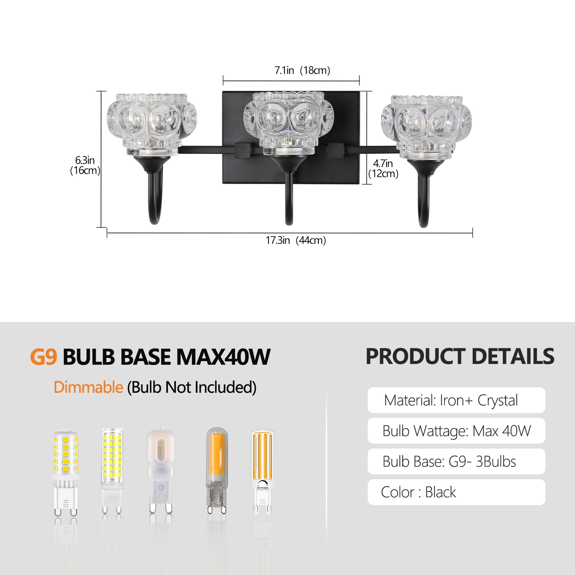 Black light crystal wall sconce with modern iron finish