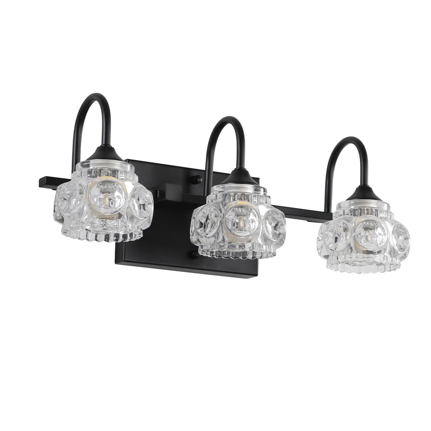 Black metal vanity light with three clear glass shades featuring intricate patterns