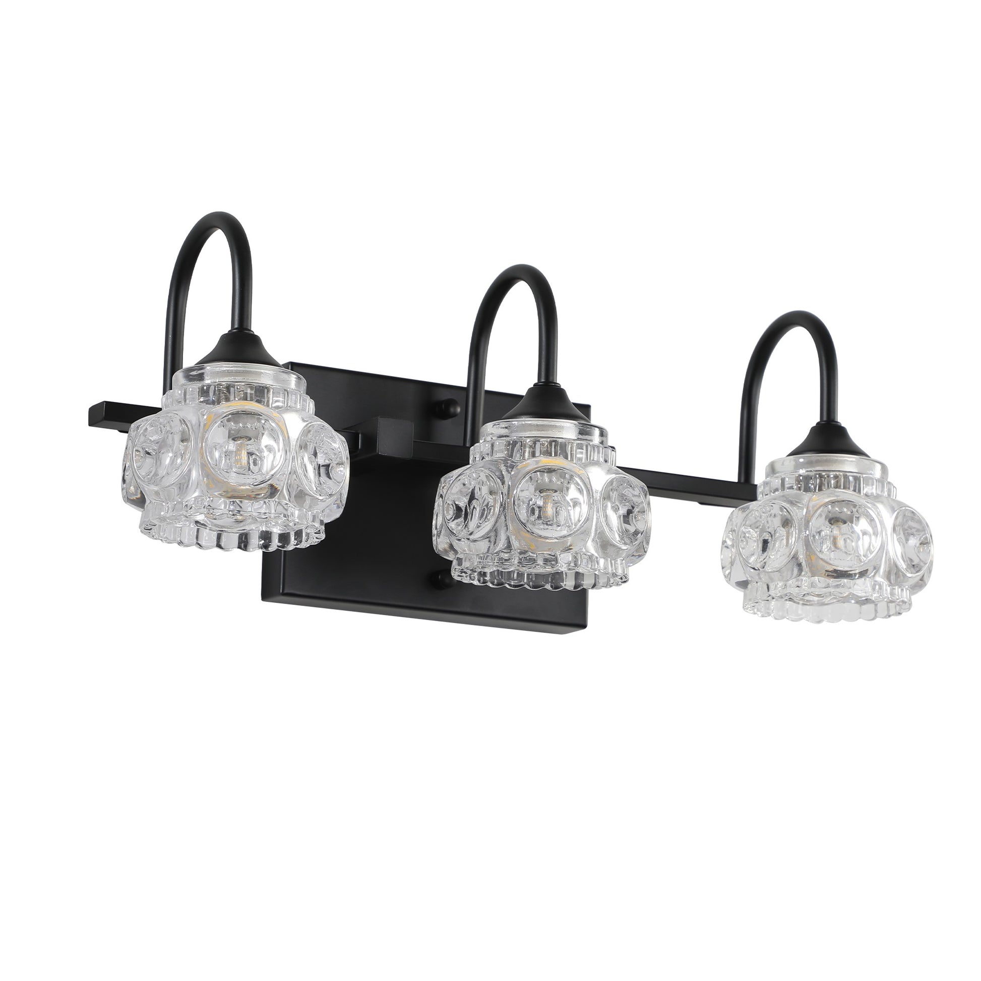 Black metal vanity light with three clear glass shades featuring intricate patterns