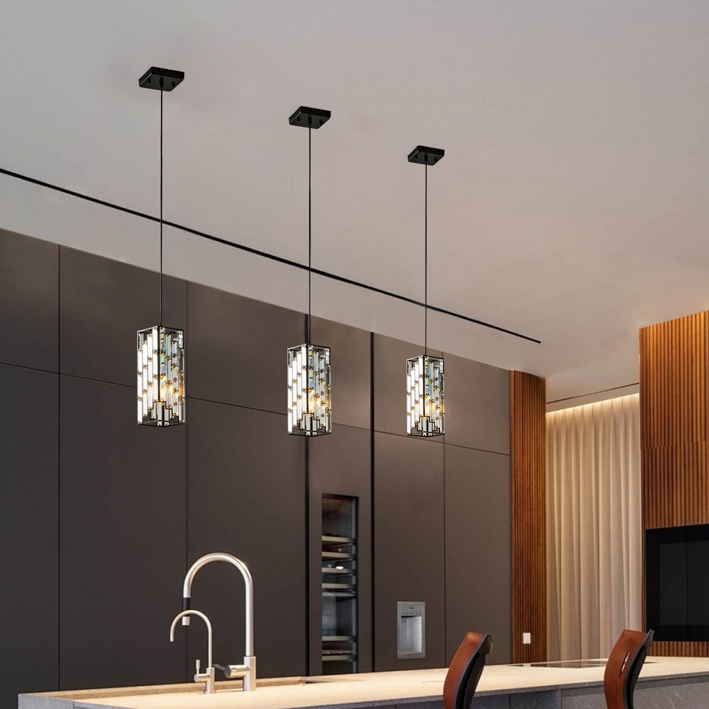 Modern rectangular crystal pendant light with brushed nickel accents