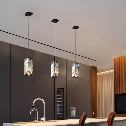 Modern rectangular crystal pendant light with brushed nickel accents