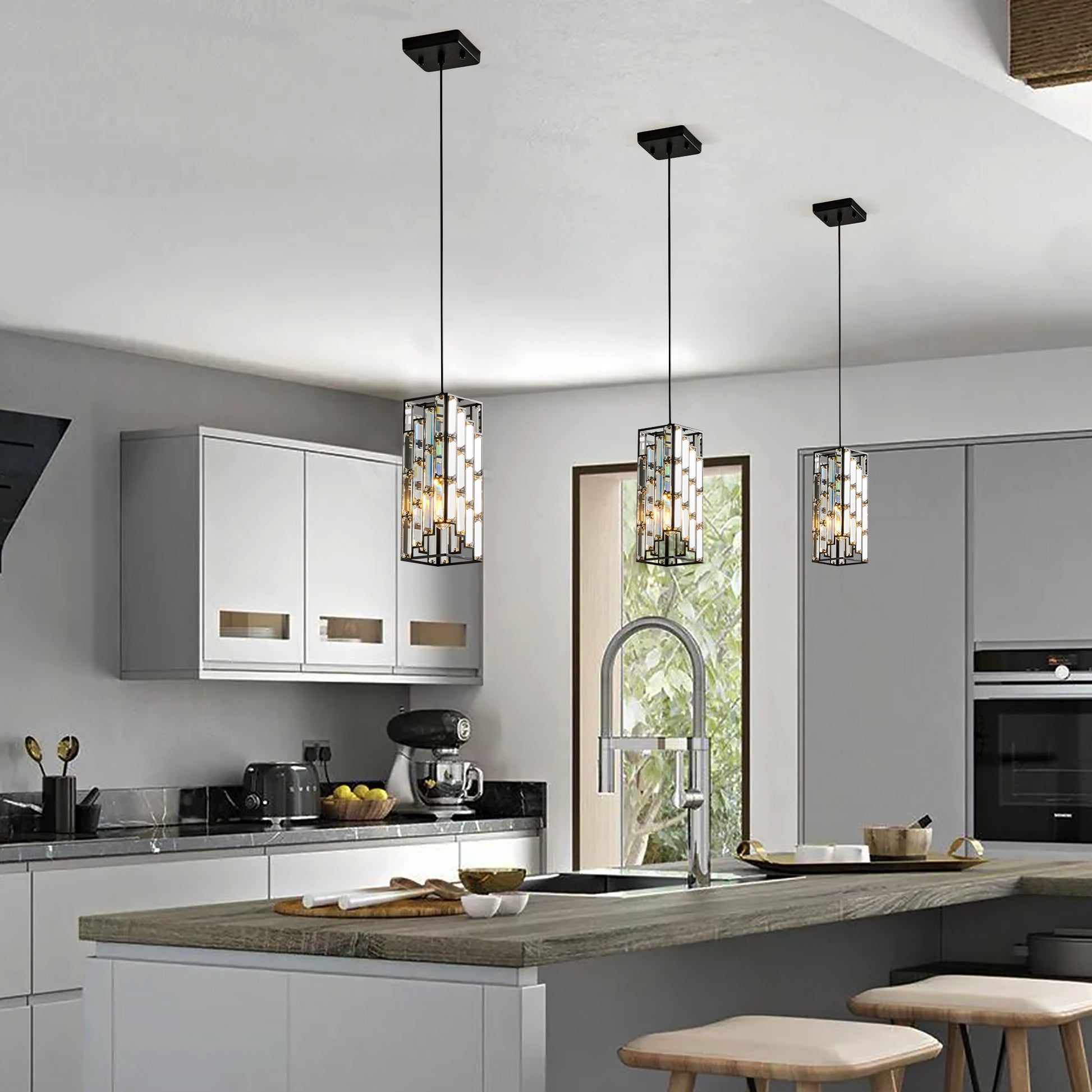 Modern rectangular pendant light with crystal accents and black metal frame ideal for kitchen island lighting