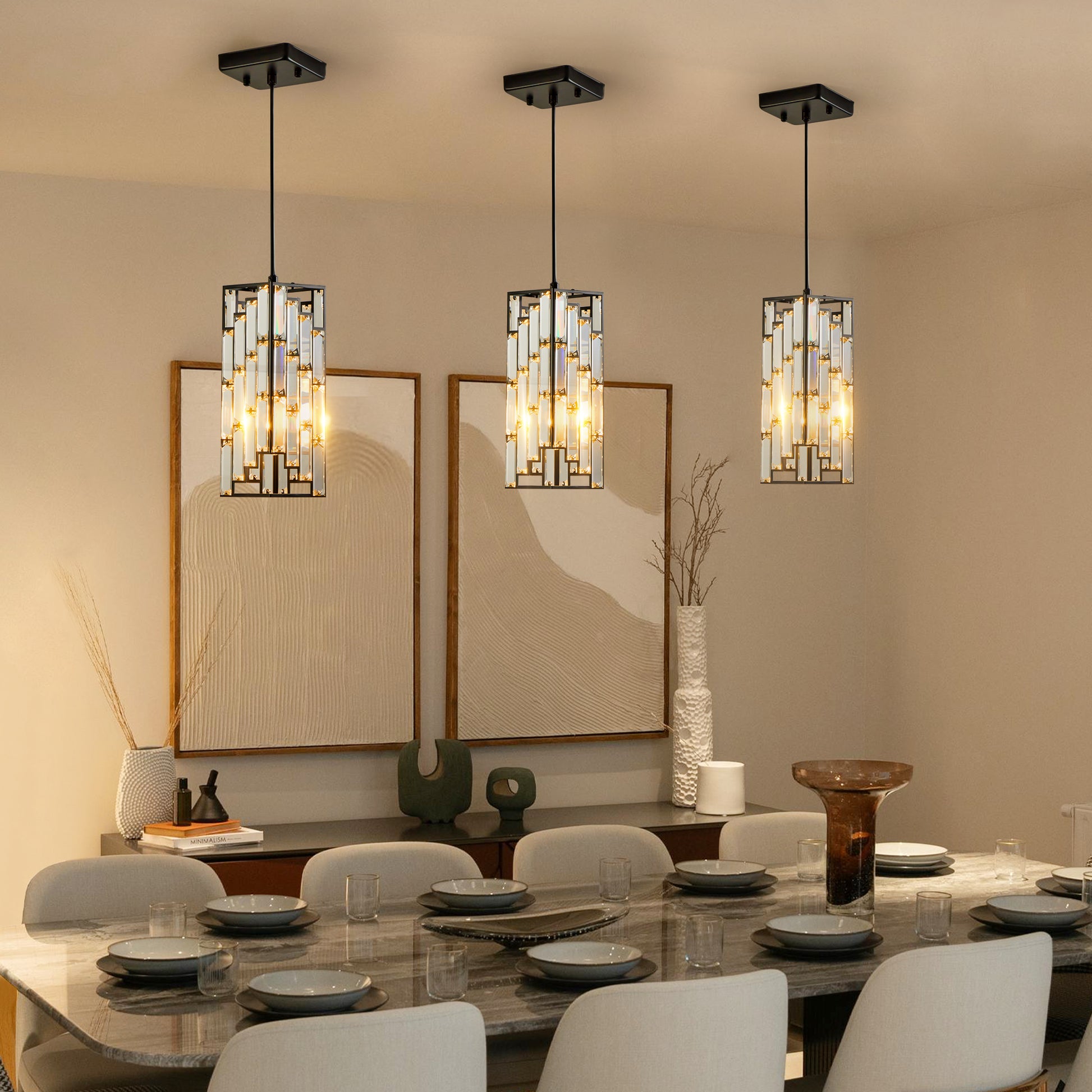 Modern rectangular crystal pendant light with black metal frame perfect for dining room