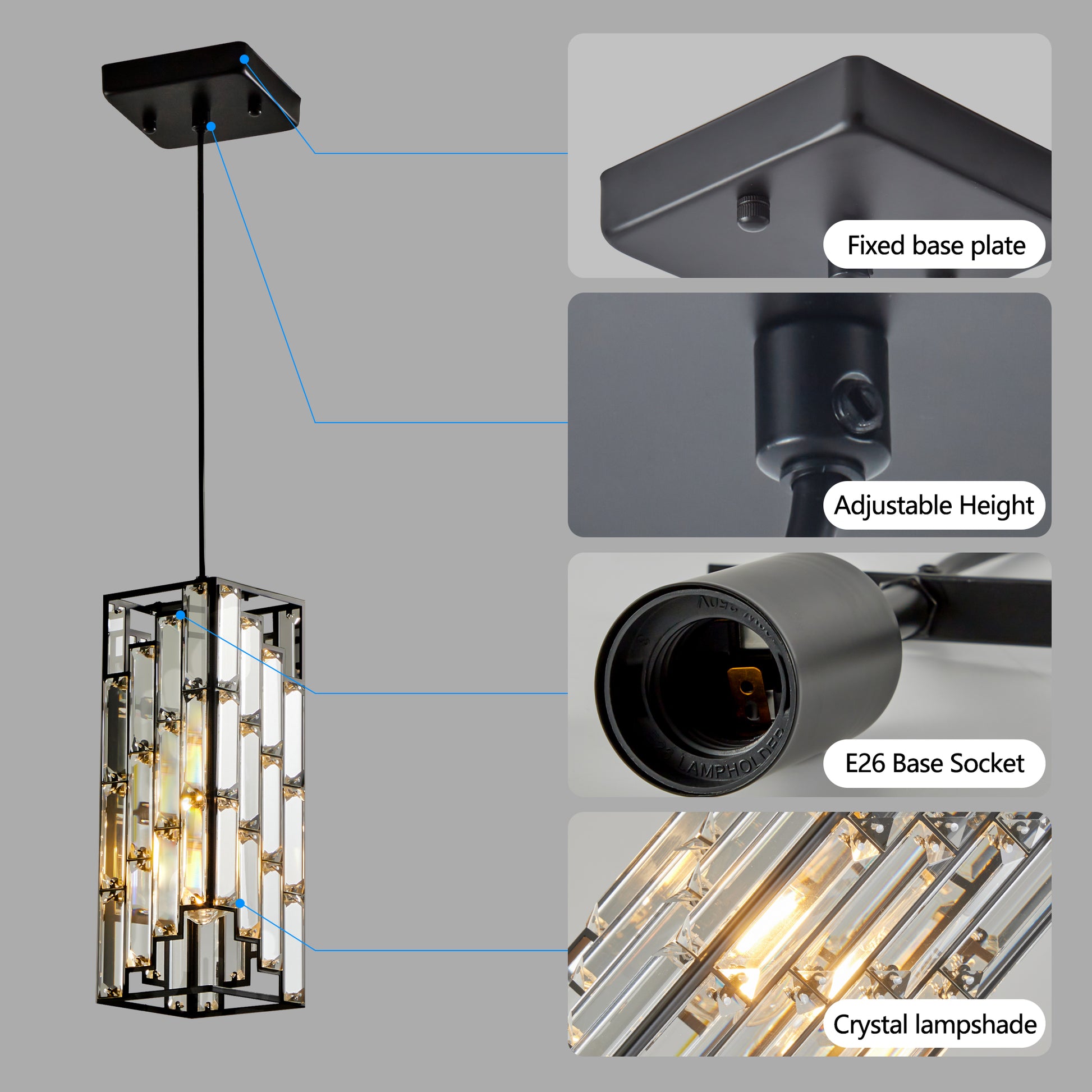 Black metal pendant light with rectangular crystal lampshade and E base socket