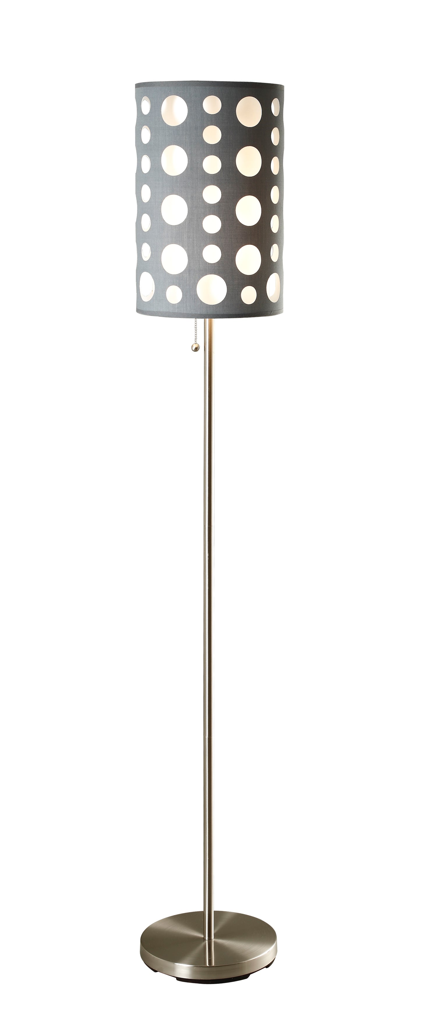 Modern gray floor lamp with a perforated drum shade ideal for living room accent lighting