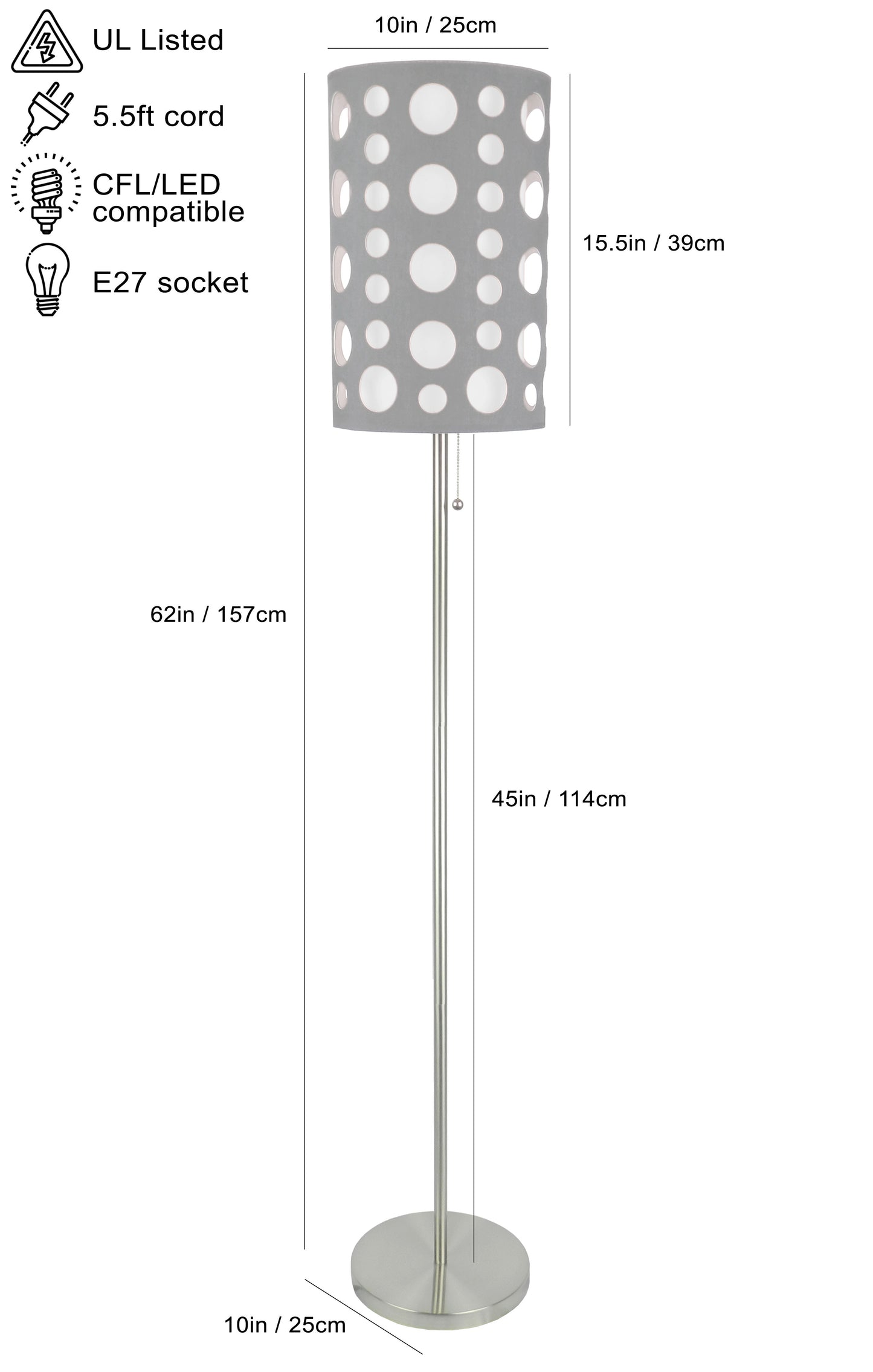 Modern gray floor lamp with perforated shade and brushed nickel base