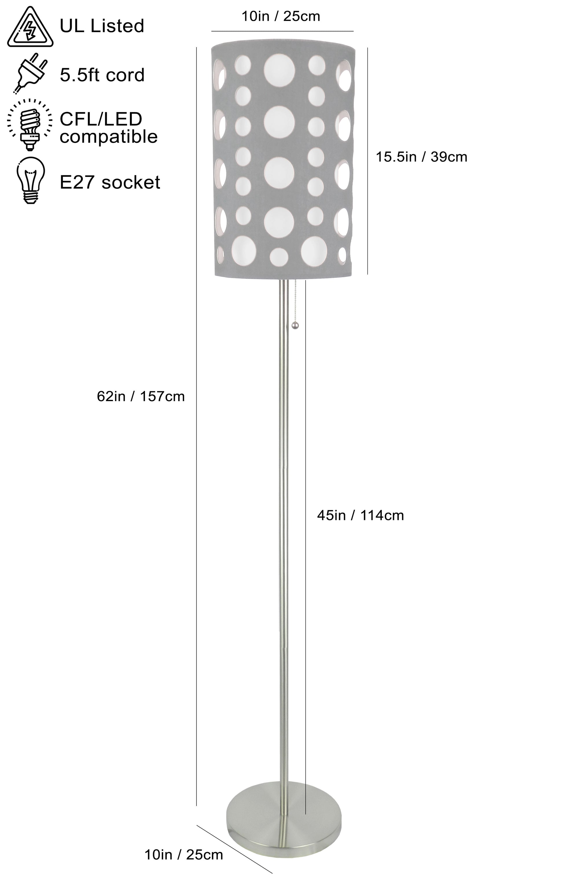 Modern gray floor lamp with perforated shade and brushed nickel base