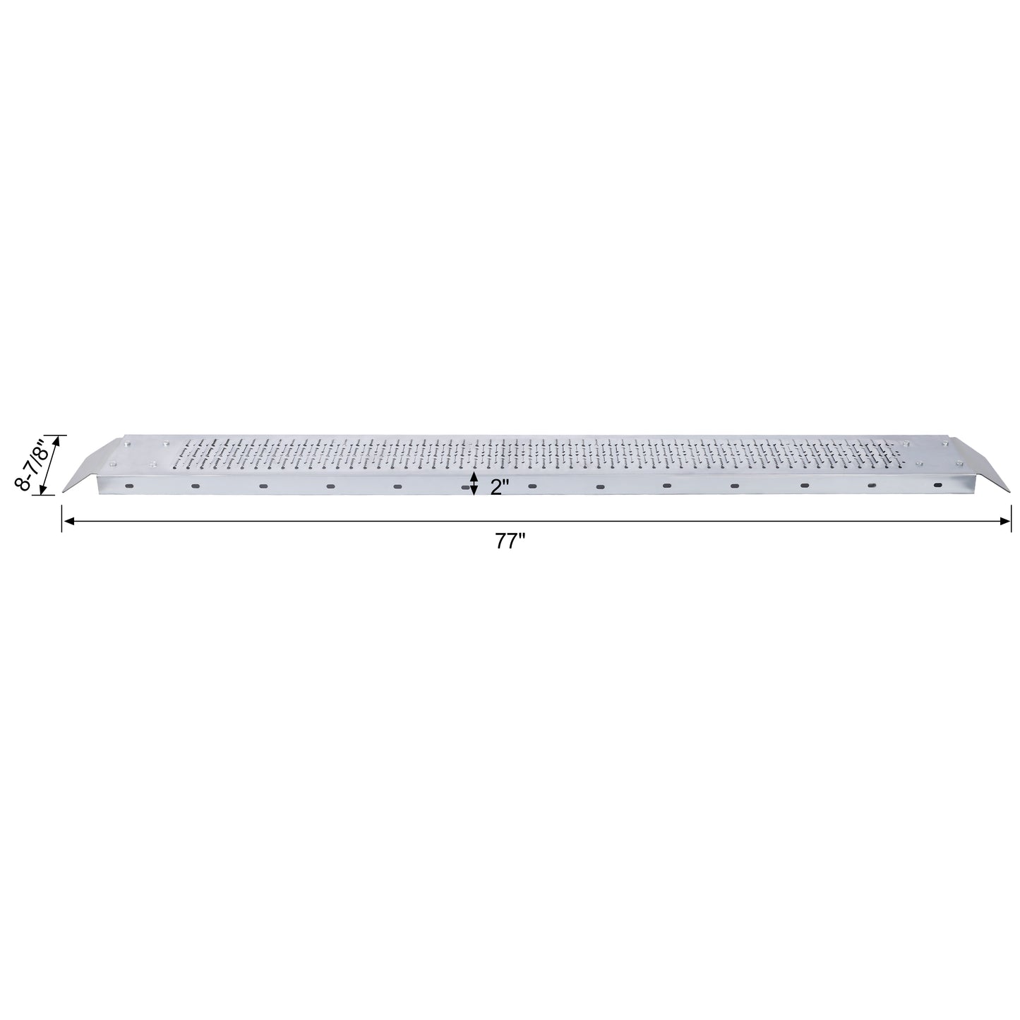 Silver metal loading ramp  inches long and  inches wide with perforated surface for traction