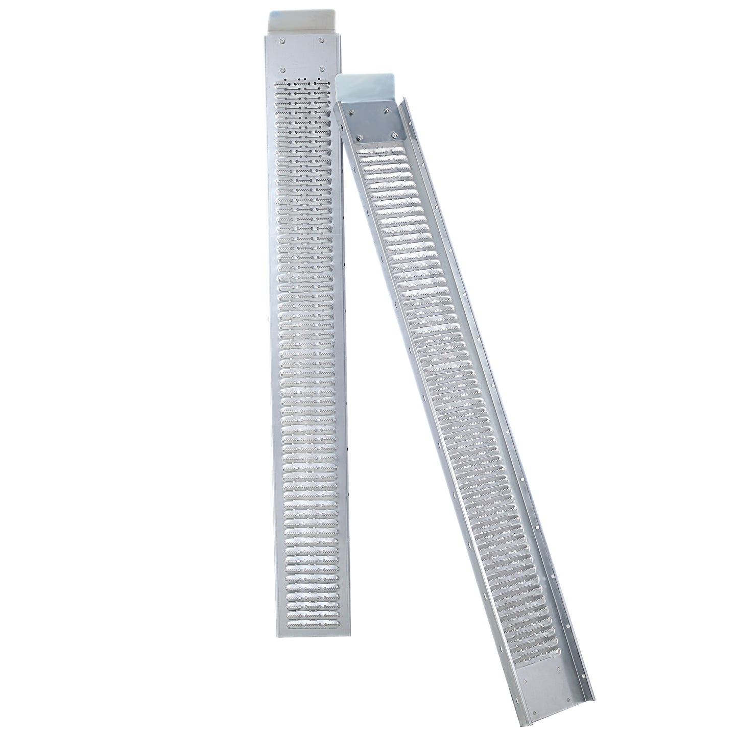 Silver metal loading ramp with grooved surface for traction essential for easy equipment transport